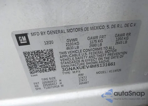 2021 Chevrolet Equinox Awd Lt z USA, uszkodzony, nr VIN 3GNAXUEV4MS131661